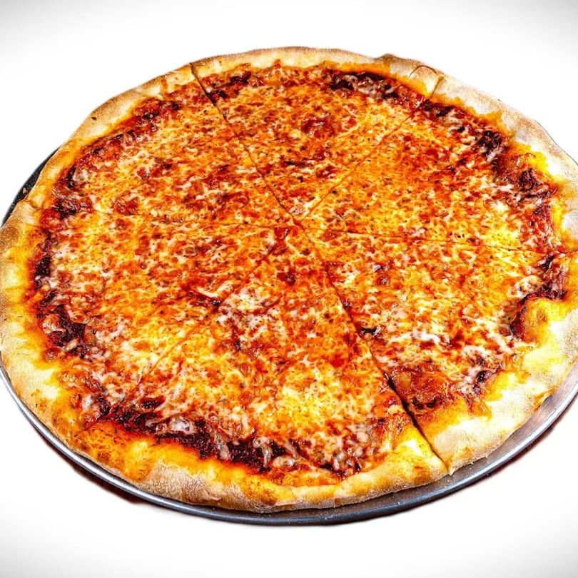 A whole, sliced GoGo Pizza cheese pizza with a golden crust on a metal pan.